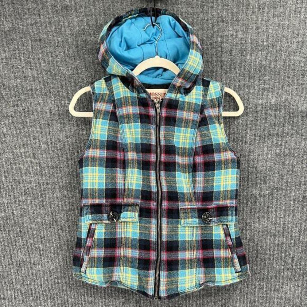 Mossimo Womens Plaid Vest Sleeveless Jacket Size S Quilt Lined Hooded Pockets